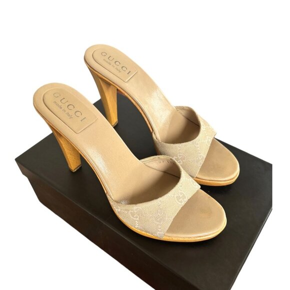 90'S Y2K AUTHENTIC‎ GUCCI NUDE LOGO MONOGRAM SANDALS SLIDES HEELS US 6 EUC - Picture 2 of 7